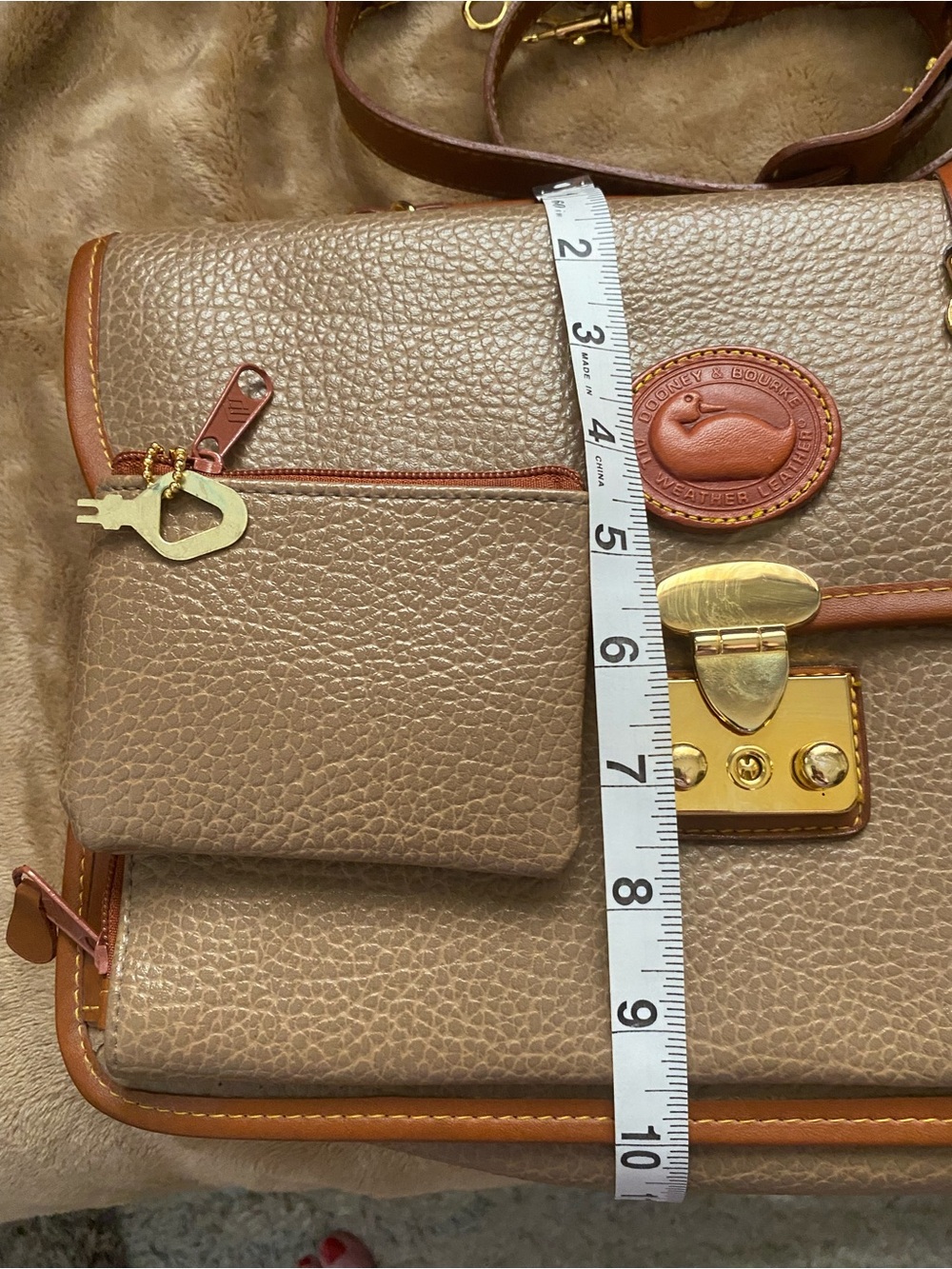Dooney & Burke Pebbled Taupe Satchel Turn Lock with Tan Trim and Gold Hardware - Picture 4 of 16